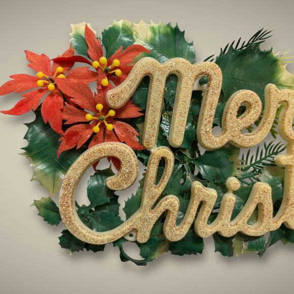 Vintage 1950s Gold Glitter “Merry Christmas” Plastic Sign with Poinsettias - Picture 5 of 5